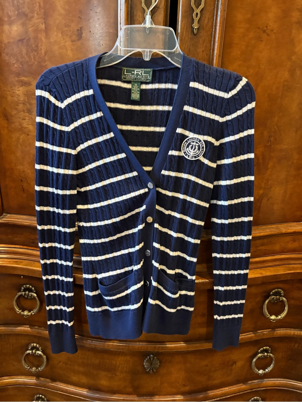 Ralph Lauren Navy and White Striped V-Neck Button Cardigan